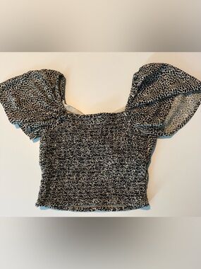 Smocked Leopard-Print Puff Sleeve Crop Top - Black/Cream